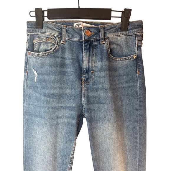 ZARA Womens 6/28 Distressed Cuffed Jeans Size Blue Denim Mid-Rise - Picture 5 of 12